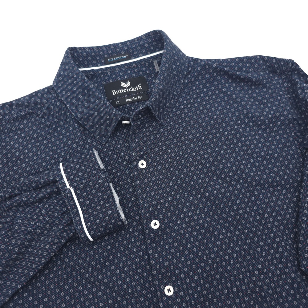 Buttercloth Icy Cotton Shirt Mens XL Navy Geometric Floral Long Sleeve Regular